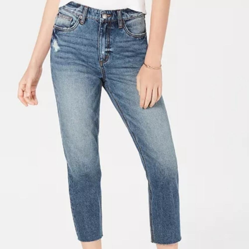 STS Blue Alicia Mom Jeans Medium Wash Blue High Waist Distressed Raw Hem Sz 27